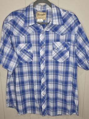Wrangler Blue & White Plaid Short Sleeve Button-Down Shirt Metallic Thread XL
